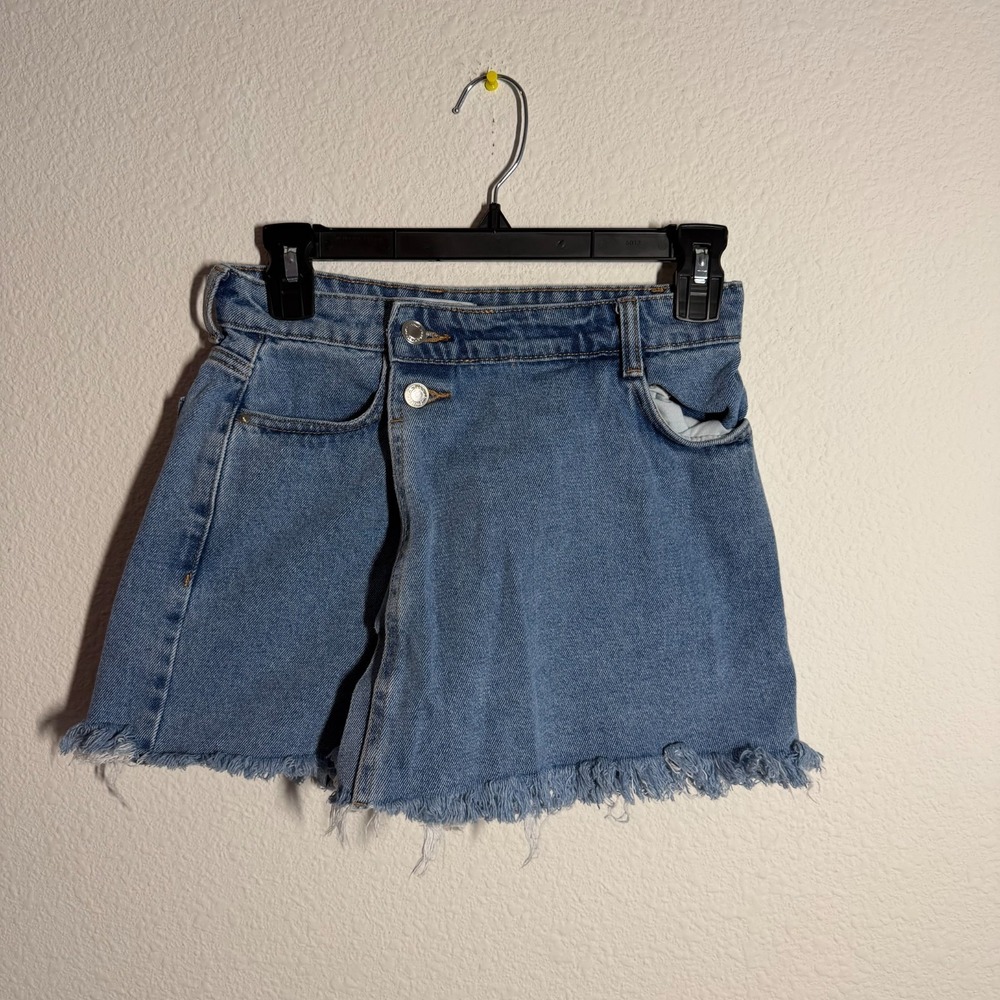 Zara Denim Skort Skirt Womens XS Blue Medium Wash Pockets Frayed Hem Summer
